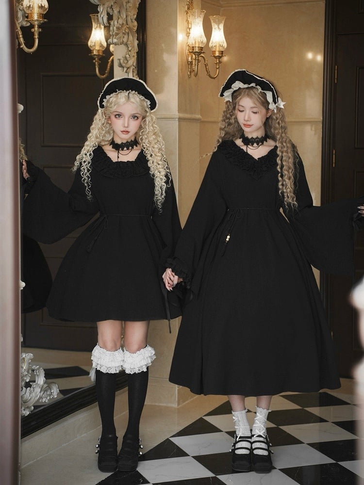 Dress Sleeves Short Neckline Version Black Ruffled Wa Long Square Lolita
