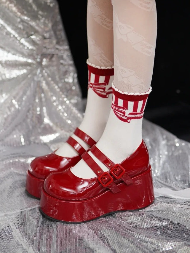 Dual Buckles Red Platforms PU with