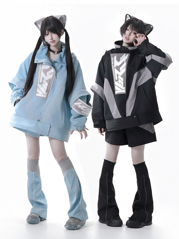 Kaiwai Matching Hooded Ear Warmers Cat Techwear - Full Clips Jacket + Two-Piece Leg Tenshi Cyberpunk Set Hair Blue Shorts