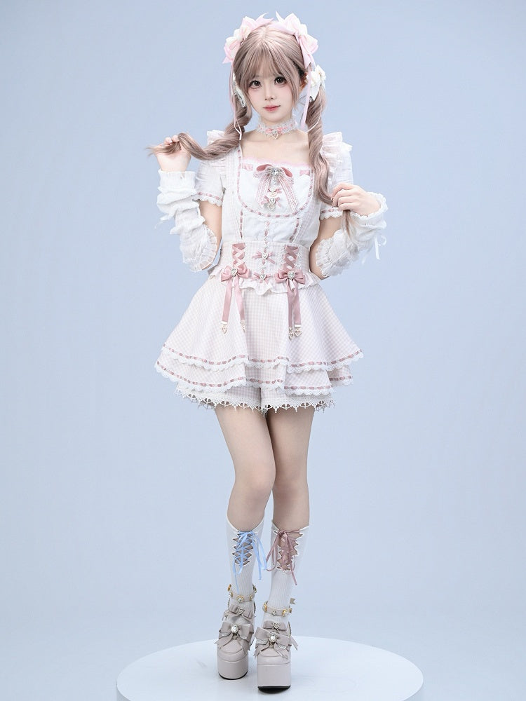 Pink Gingham Ryousangata Overall Skort with Bow Lace Details - Broken Bear
