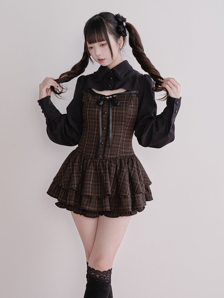 Jirai Fake Brown Set Plaid Matching Dress Two-Piece Kei Long-Sleeve + Shorts