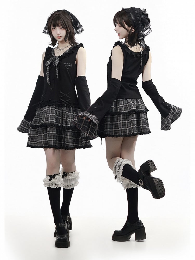 Black Fake Two-Piece Halter Top with Plaid Ties - PINK SAVIOR