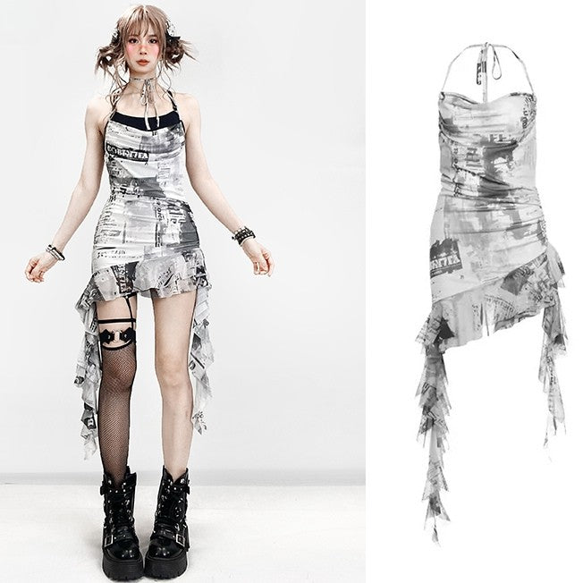 ダイタイデザイン + チェック柄キャミソールドレス トップネック アシンメトリースカートディテール ホワイト ブラックヘム ホルターネック スパイダーウェブ