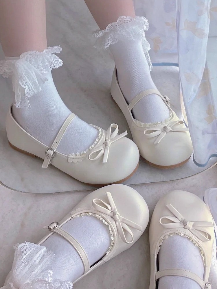 Lolita Beige with Matte Shoes Bow Flat Round Knotted Toe