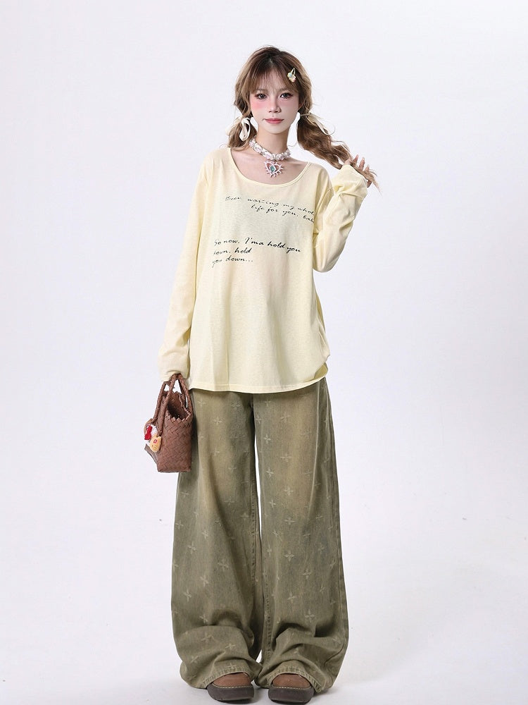 Wide-Leg Faded Blue Detailing Vintage with Patterned Wash Jeans