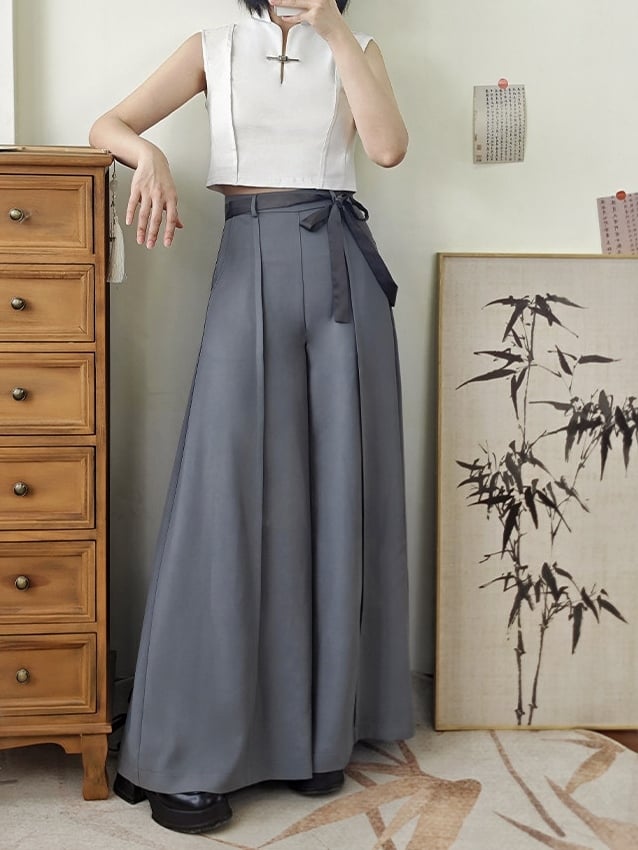 Zipper Grey Style with Back Chinese Belt Set- Wide-leg Pockets Pants Front Waist Slant