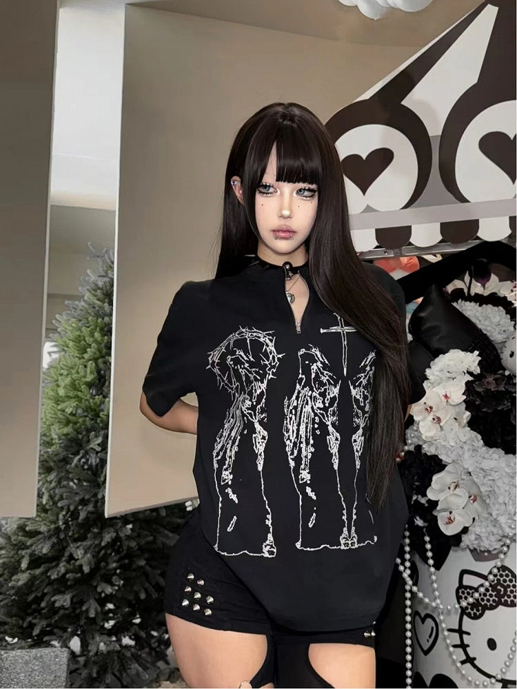 Alt Religious Fashion Black Figure with Print T-Shirt Cross