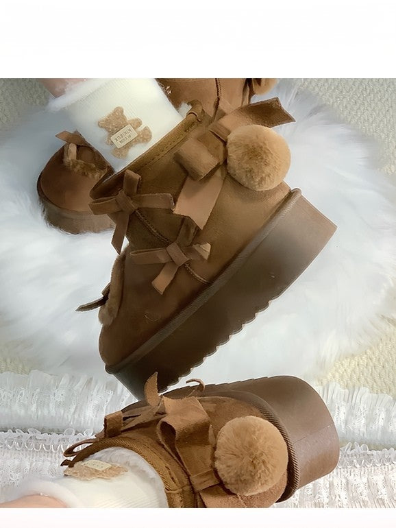 with Sweet Winter Accents - Applique Bow Boots Brown Heart Pompom Lolita Back