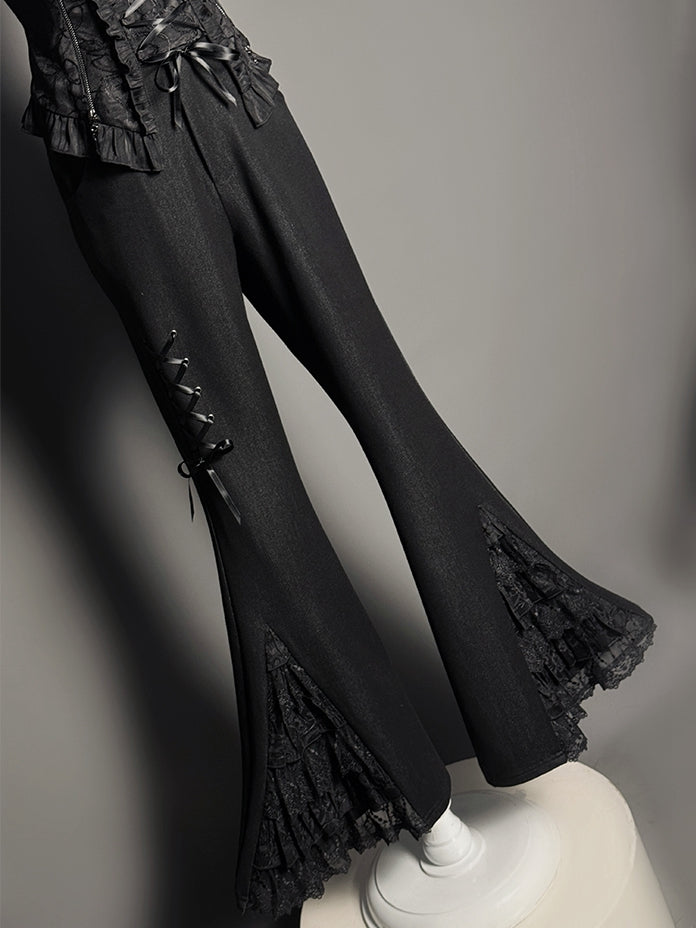 ティアードパッチパンツ レースフレアカフス ブラック