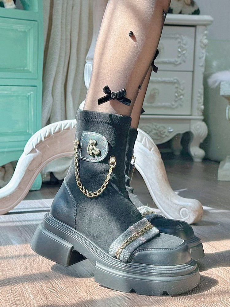 Preppy with Decorative Black Style PU Mid-heel Platform Leather Chains Boots