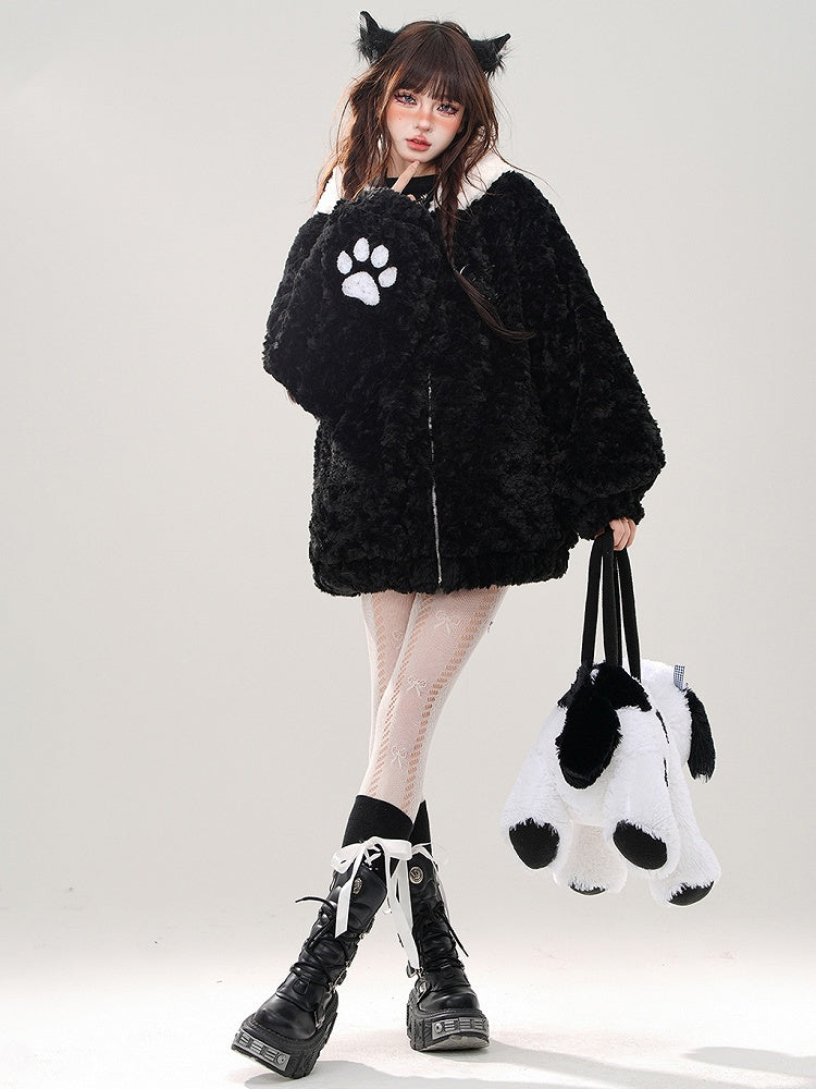 ブラックのキュートなキティヘッドフード付きフリースジップパーカー