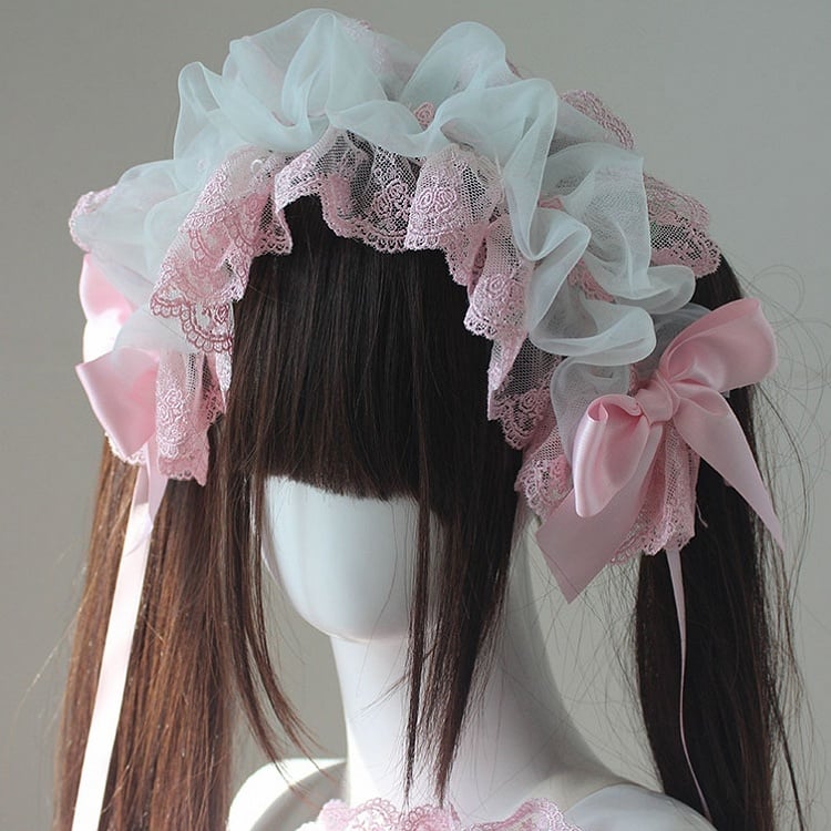 Green And Pink Bowknot Details Lace Trim Hairband