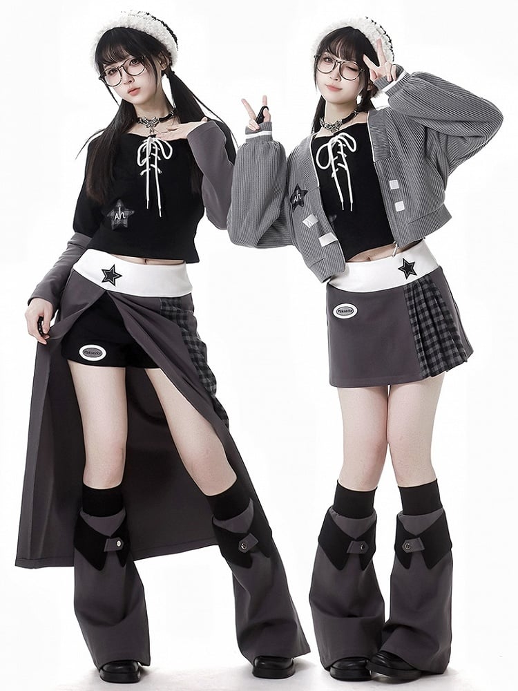 ブラックスターアップリケ レースアップディテール オフショルダーネックライン トップス