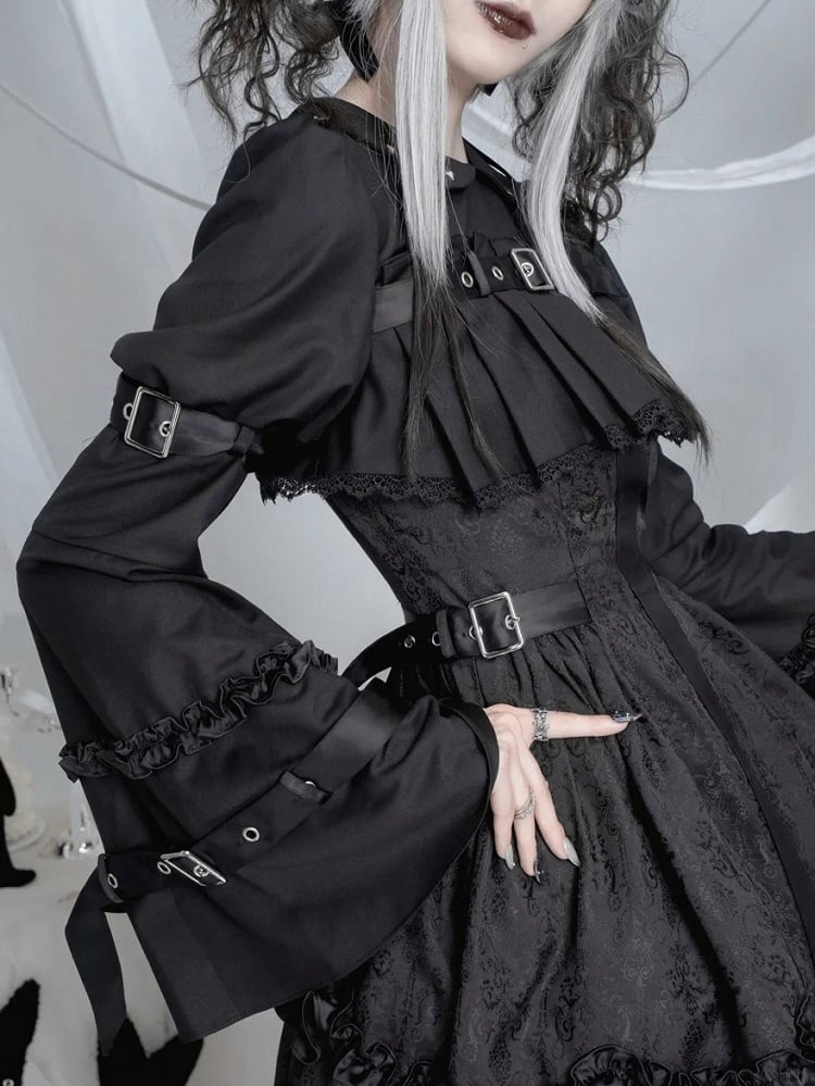 Black Gothic Lolita Bell Sleeve Dress with Lace and Metal Buckle Accents - Kuroya