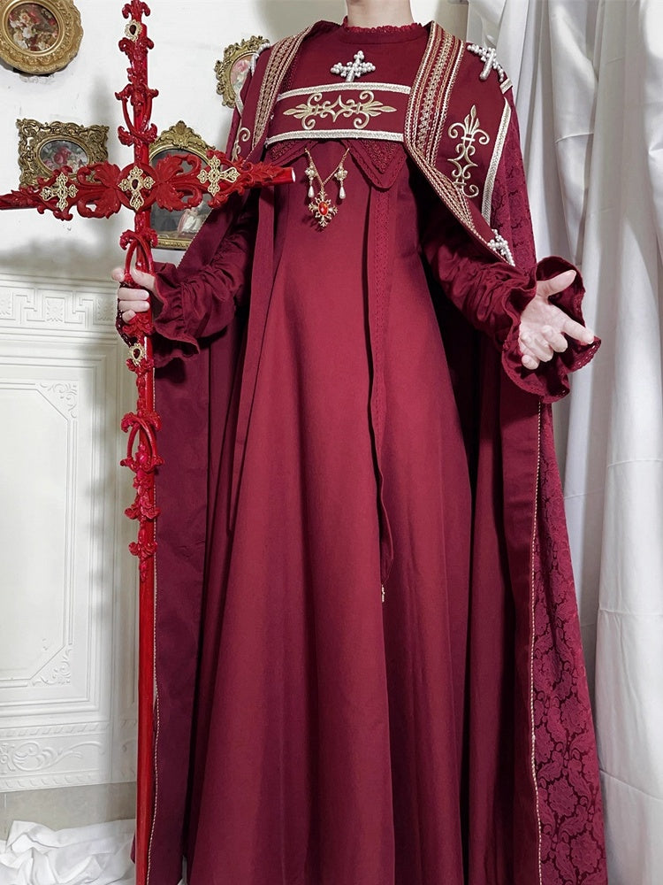 Cross Decorated Details Lolita Cloak and Wine Embroidery Red Nun