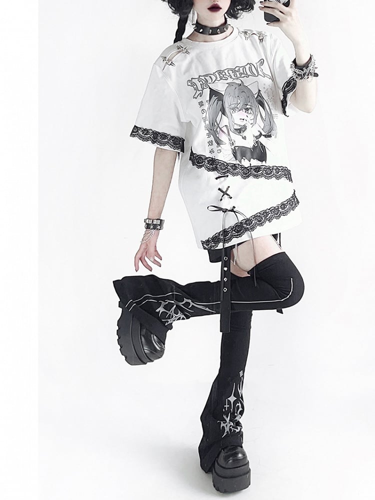 Y2K Print Black Over-the-Knee Flared Leg Warmers