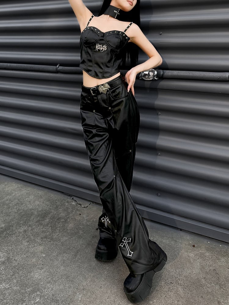 パンクロック ブラック クロス アップリケ スタッズ カーゴパンツ ベルト付き