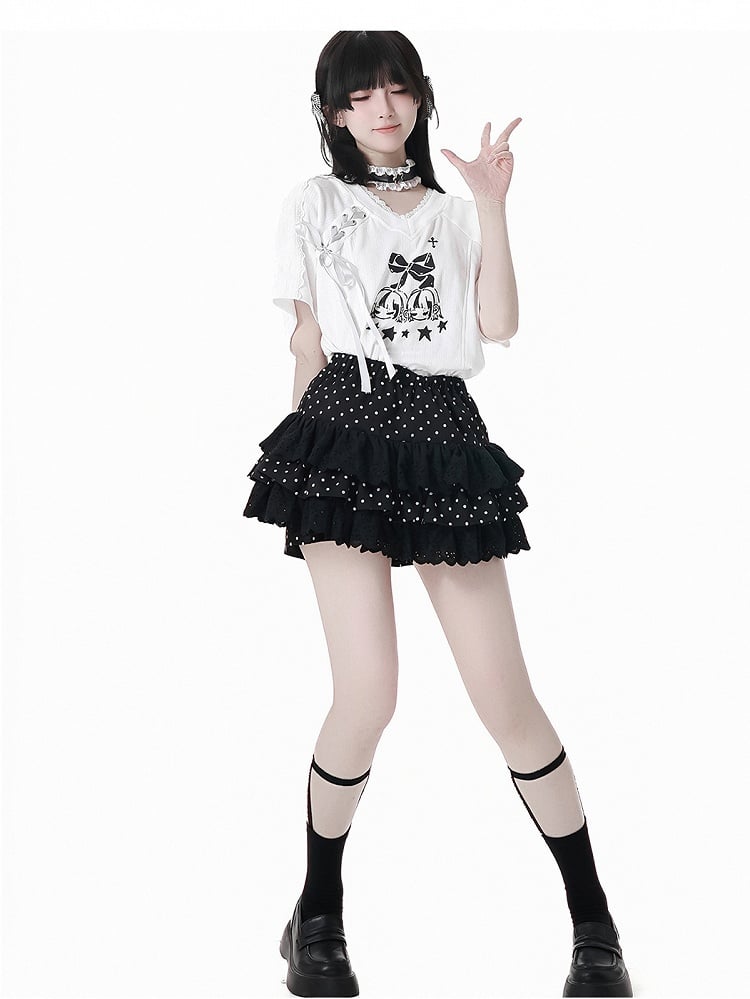 Tiered Polka-dot Skirt Bloomers Lining Black Elastic Waist Lace Trim