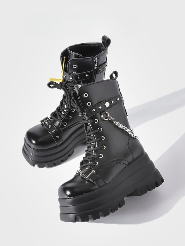 Mid-Calf - Gothic Chain Charm Platform Black Boots