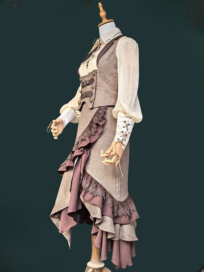 Lolita Steampunk Asymmetrical Trim Skirt with Lace Coffee Ruffled