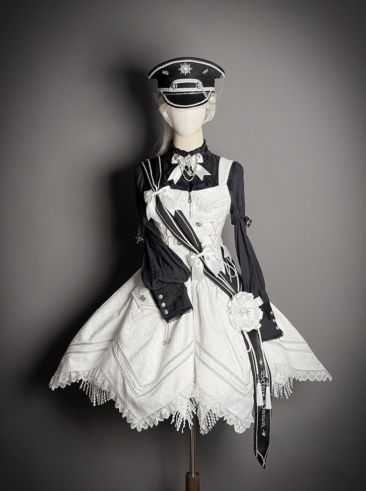 Sash White Motif Black Striped Bow Lolita and Embroidered Military with