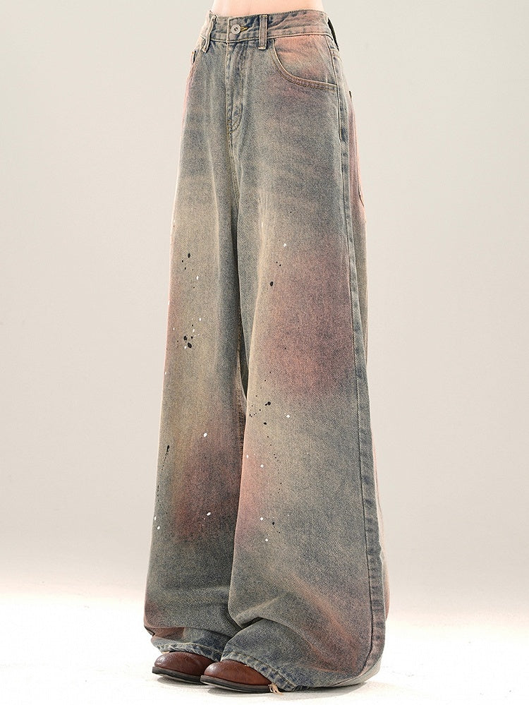 Splash Ink Details Pink Weites Bein Blau Verblasst Jeans Schnitt Waschung und