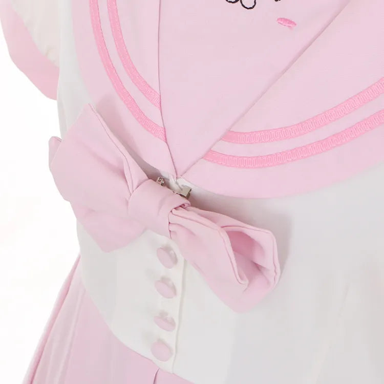 Plissee Bowknot Ohren Bunny Kragen Matrosenkleid Rosa Süß und Weiß Box Rock