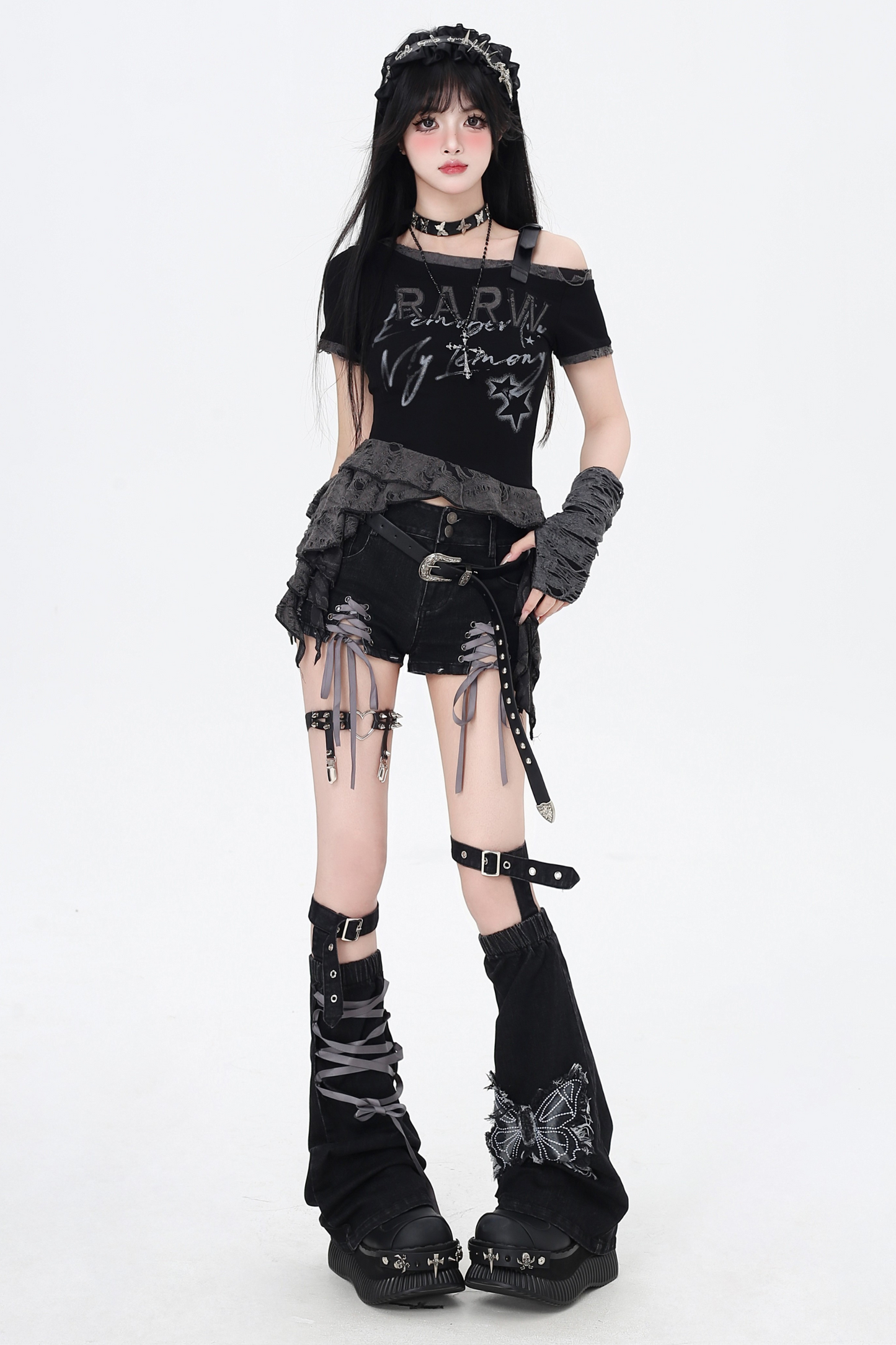 ショートパンツ カラーリボン デニム レースアップ