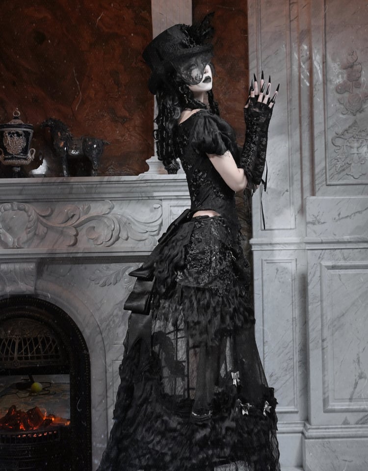 Sleeves Top Puff Edwardian Off-the-shoulder Vintage Neckline and Black