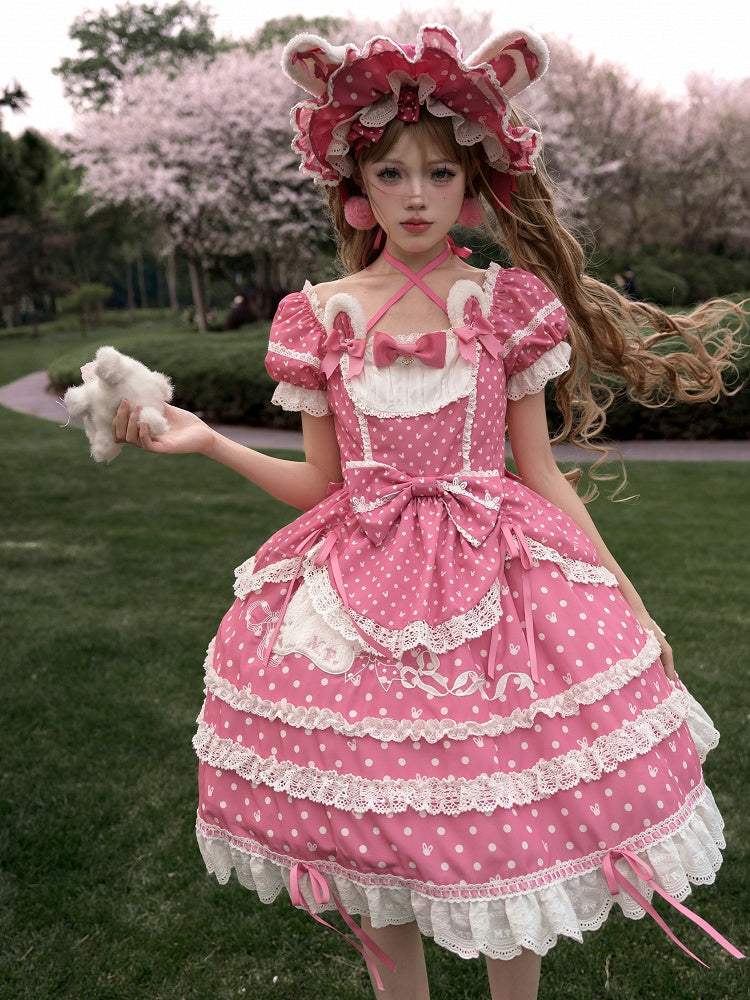 Ohren Quadrat Muster Kleid Bunny Polka Dots Lolita Ausschnitt Rosa Plüsch Süß Dunkel