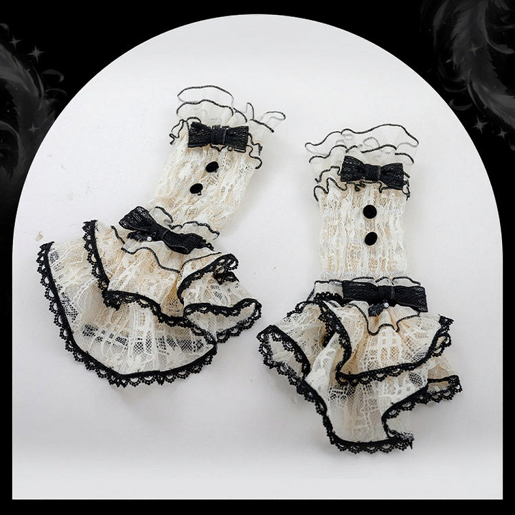 Elegant Beige & Black Lace Wrist Cuffs with Bowknots - U.Rtto