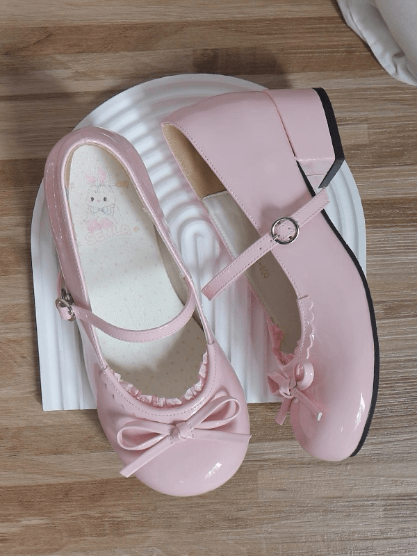 Schleifenbesatz Pink Jane Round - Geknotete Spitzenschuhe Süße Lolita-Mary-Schuhe mit niedrigem Absatz