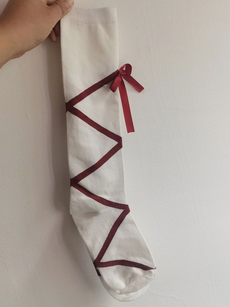 Rosa/Schwarz/Rote Lolita Wadensocken mit Schleife und überkreuztem Band