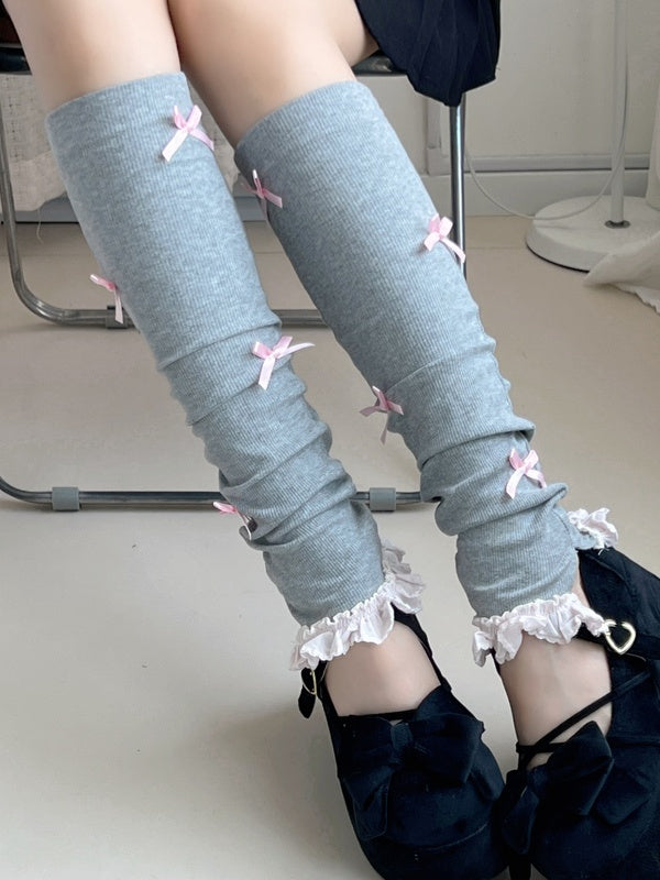 Hellgrau/Schwarz/Weiß/Dunkelgraue Beinwärmer mit Blokette und Schleife und Rüschenmanschette