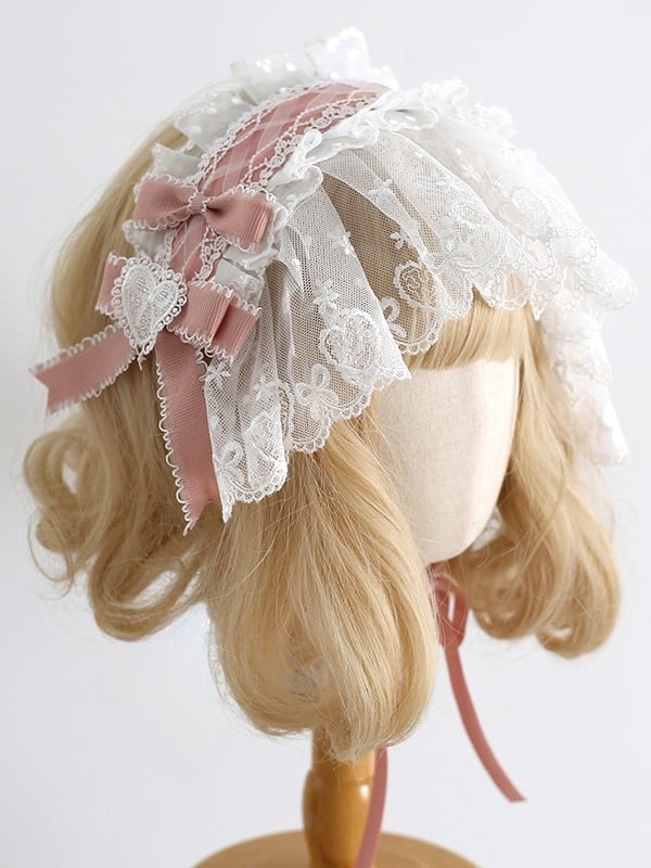 WhitePink Sweet Lace Clips Lolita Bowknot Details Hairband Design Trim With Heart