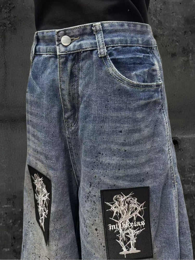 Splatter with Punk and Faded Appliques Blue Random Wide-Leg Jeans Wash Embroidered