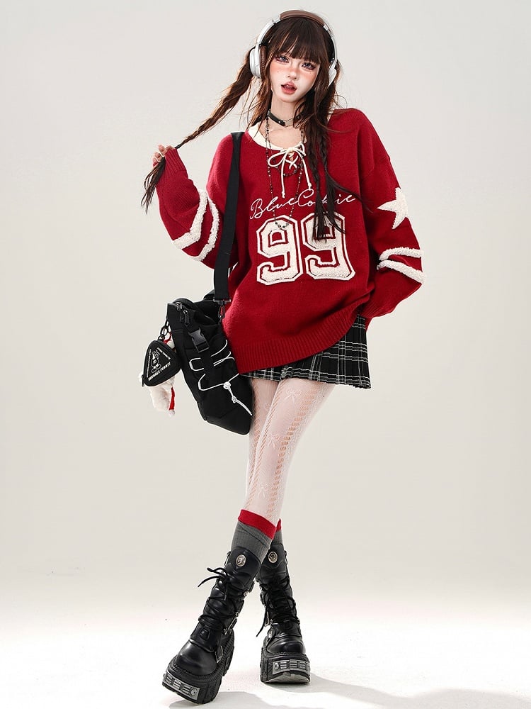 レッド/グレーの数字レースアップディテールVネックルーズセーター