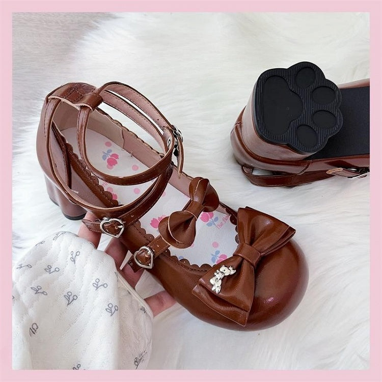 - Brown Mary Embellishments Mid-heel Sweet Janes Lolita Bow