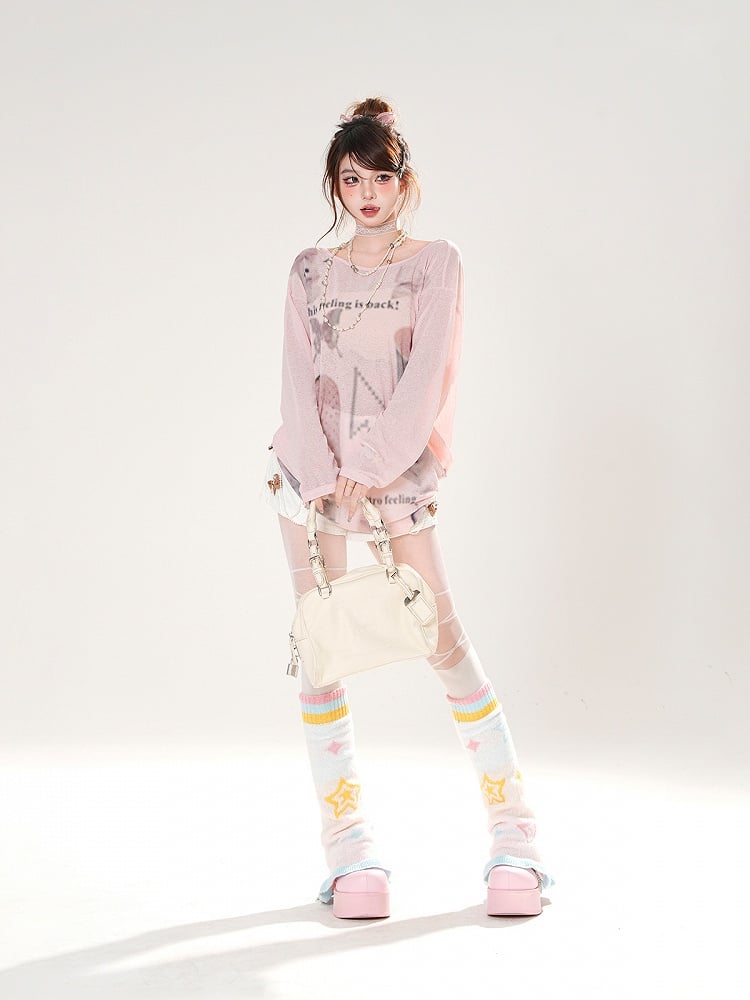 Erdbeerdruck Asymmetrischer Ausschnitt Weiß/Pink