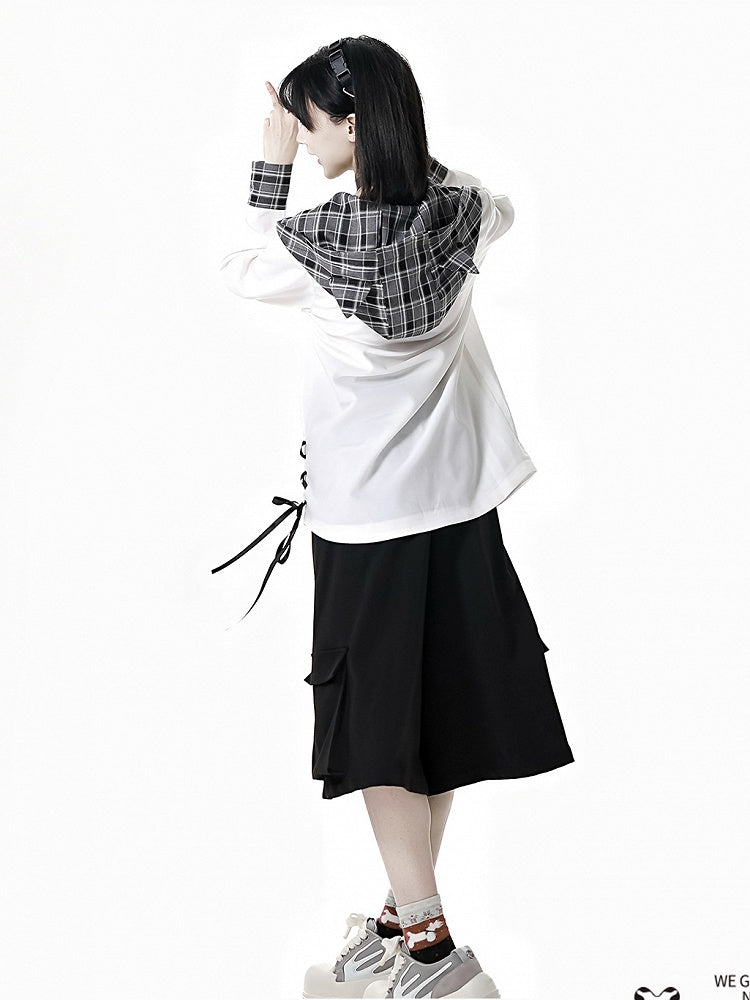 猫耳フードデザイン チェック柄サイドレースアップシフォンシャツ ホワイト