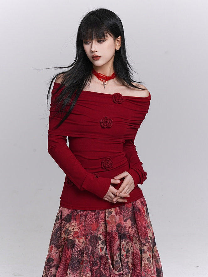 Top Long Floral with Christmas Sleeves Off-the-shoulder Neckline Red Design