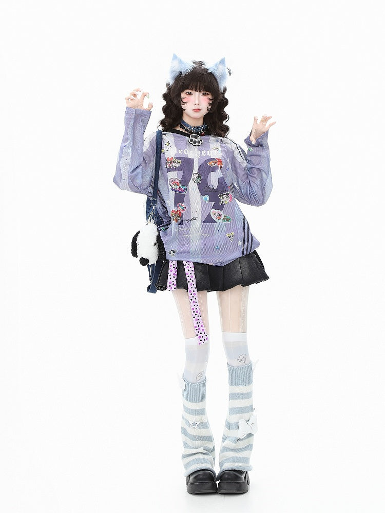 with Striped Sleeve Print Cartoon Long Top Purple/Pink Breathable