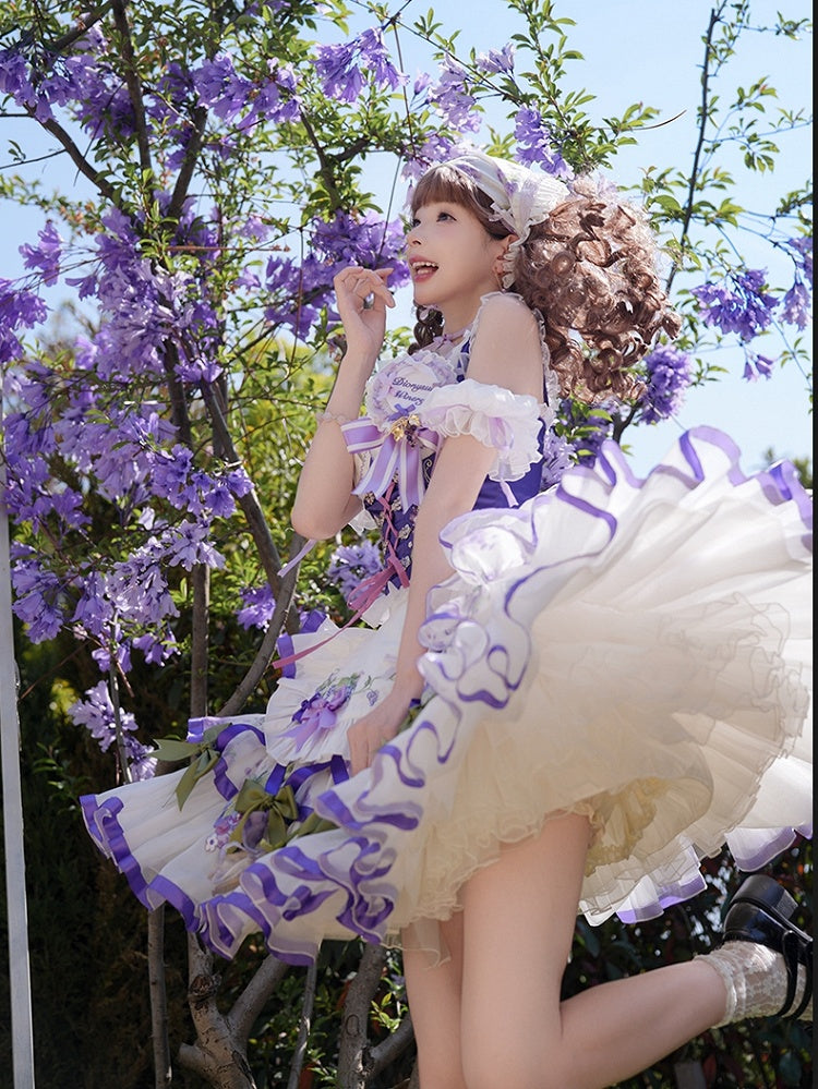 Outfit Bavaria - Weiß-Lila Oktoberfest-Korsett-Set, Traubenstickerei, Schürzenrock + Stufen-Lolita-Oberteil