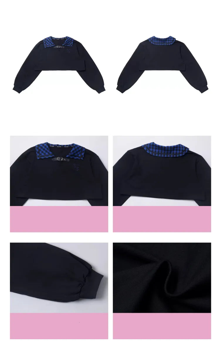 Blue Free Dark Sweatshirt mit Cami-Kragen Top Plaid Cropped Schwarz