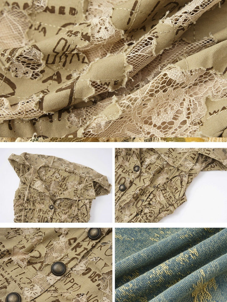 Letters Khaki Top Denim Handkerchief Skirt Punk Hooded Dress