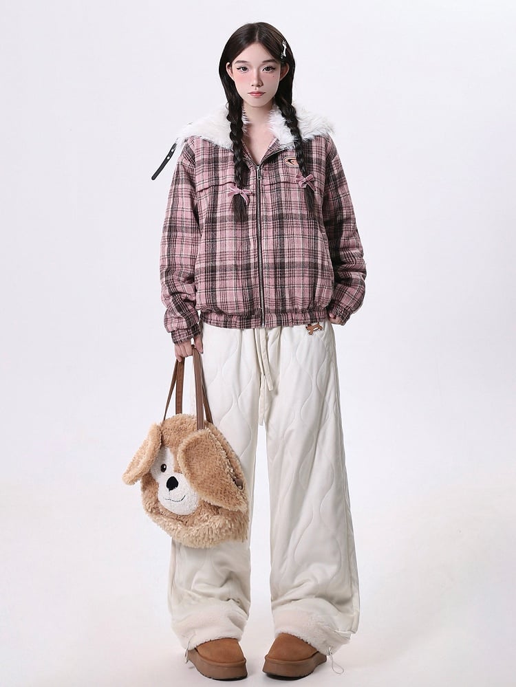 with Beige Embroidery Quilting Plush Dog Cuffs Cozy Fluid Pants Wave