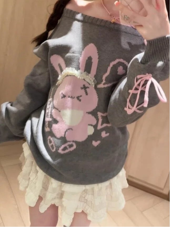 Print Sweater Pink with Gray Lace Off-Shoulder Rabbit