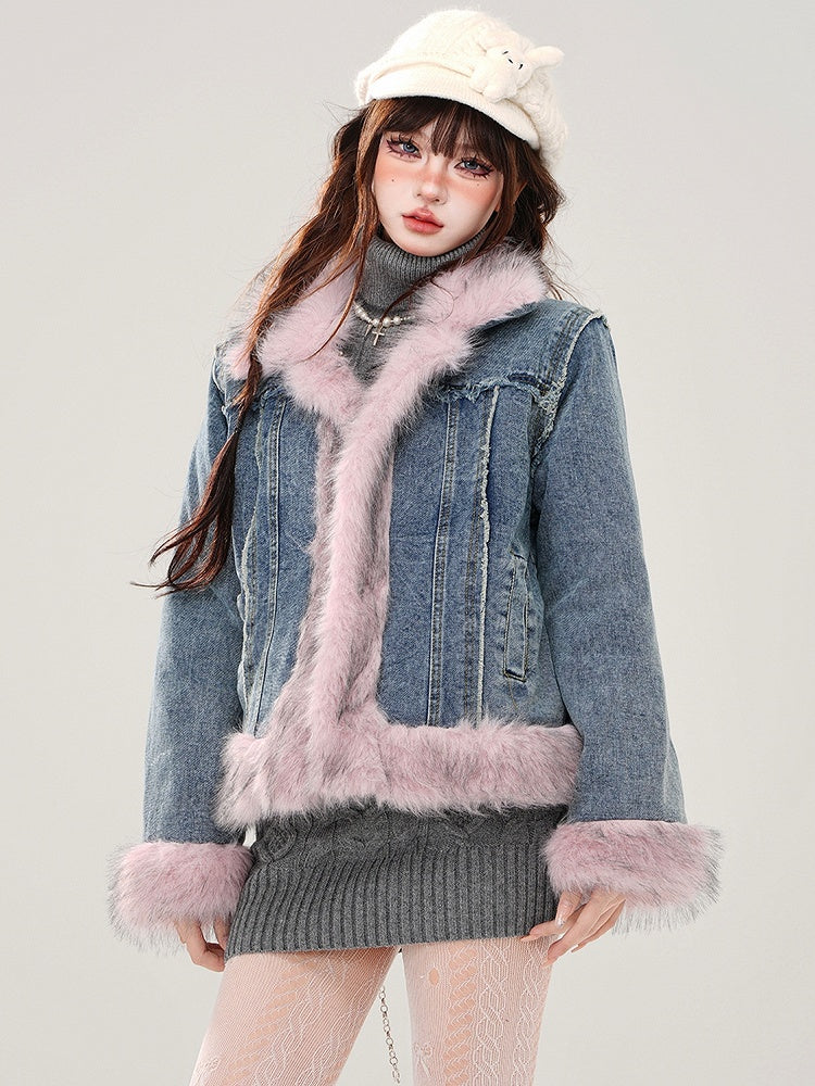 ブルーフェイクファートリム厚手デニムジャケット