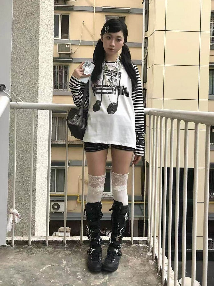 White Striped Long Sleeve Top with Music Notes - DETW OnLine