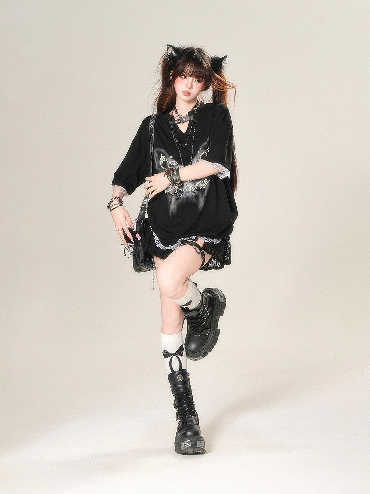 ミントグリーン/ブラック/ホワイト Vネック ハートバックル ビーズディテール レーストリム Tシャツ